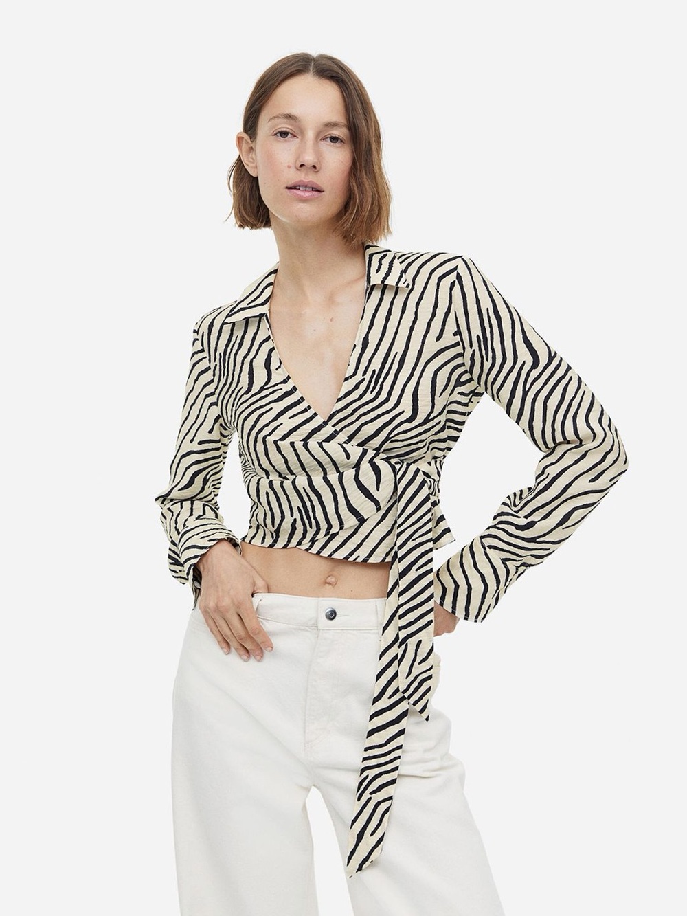 H&M Zebra-Print Wrap Blouse in Cream and Black